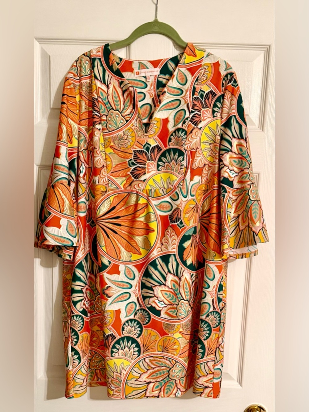 Vibrant Floral Shift Dress with Orange & Teal Motif